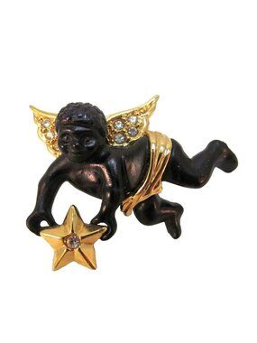 Vintage Coreen Simpson Pin Black Cherub Holding Star with Gold Tone Wings Signed